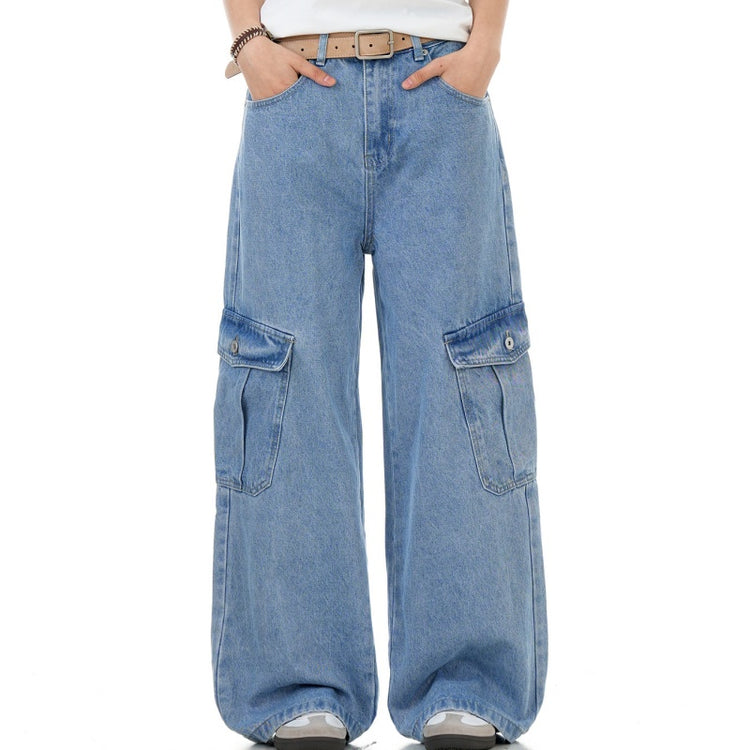 Light blue denim workwear jeans with wide legs and front patch cargo pockets