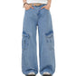 Light blue denim workwear jeans with wide legs and front patch cargo pockets