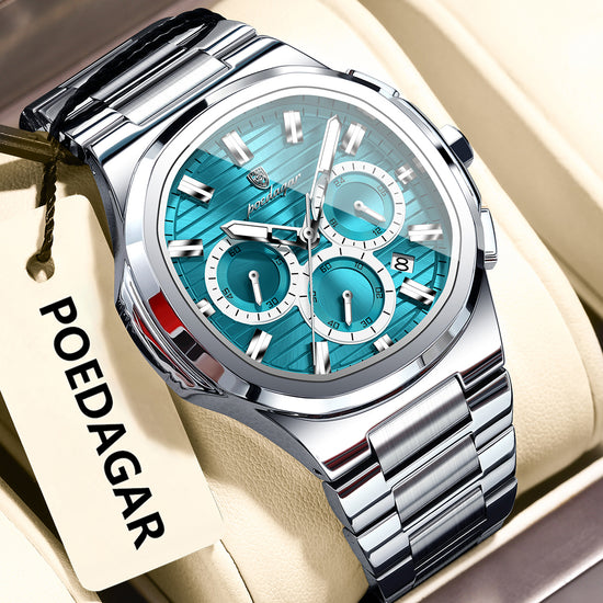 Men’s multifunction luminous watch with silver metal bracelet and teal-blue dial, round case