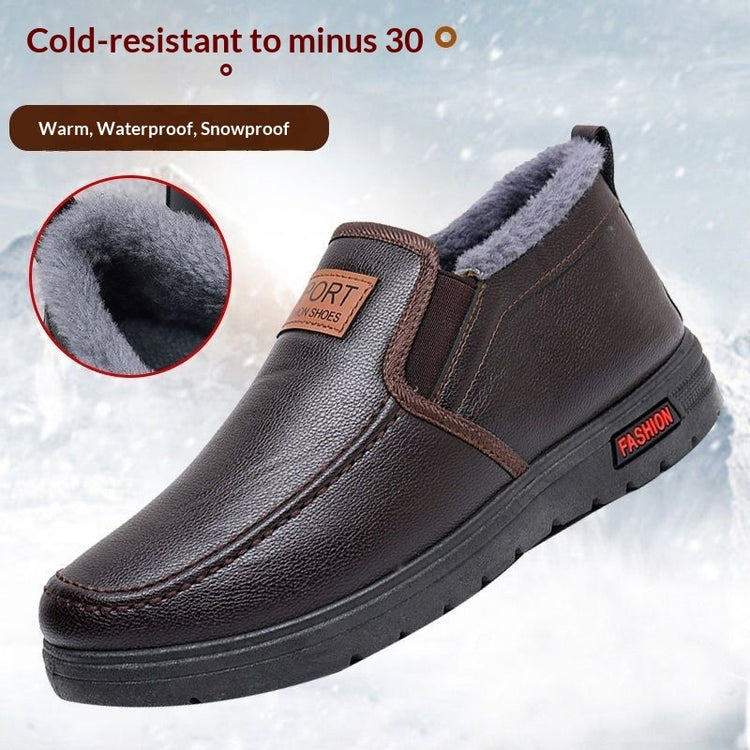 Fleece-lined waterproof slip-on shoes, coffee-brown leather upper with fuzzy inner lining