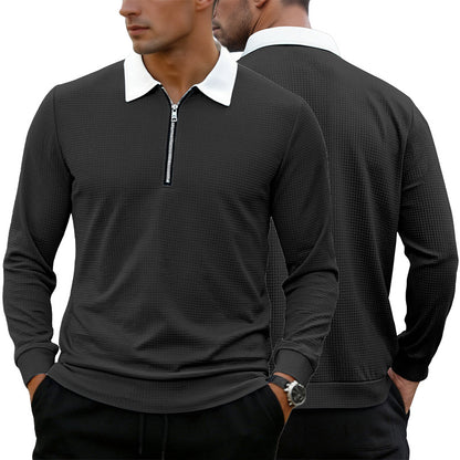 Black waffle-knit zip-up shirt, long sleeves, white lapel collar, front quarter zipper