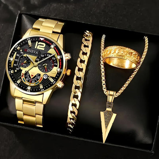 Quartz watch set with gold-tone watch, curb bracelet, cross pendant, and gold ring