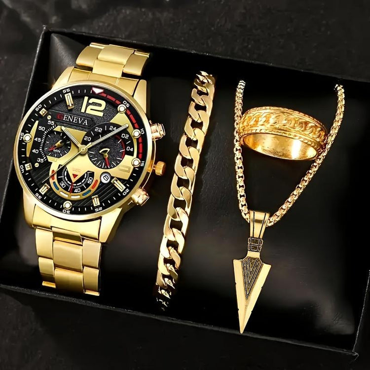 Quartz watch set with gold-tone watch, chain bracelet, cross pendant, and engraved gold ring