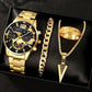Quartz watch set with gold-tone watch, chain bracelet, cross pendant, and engraved gold ring