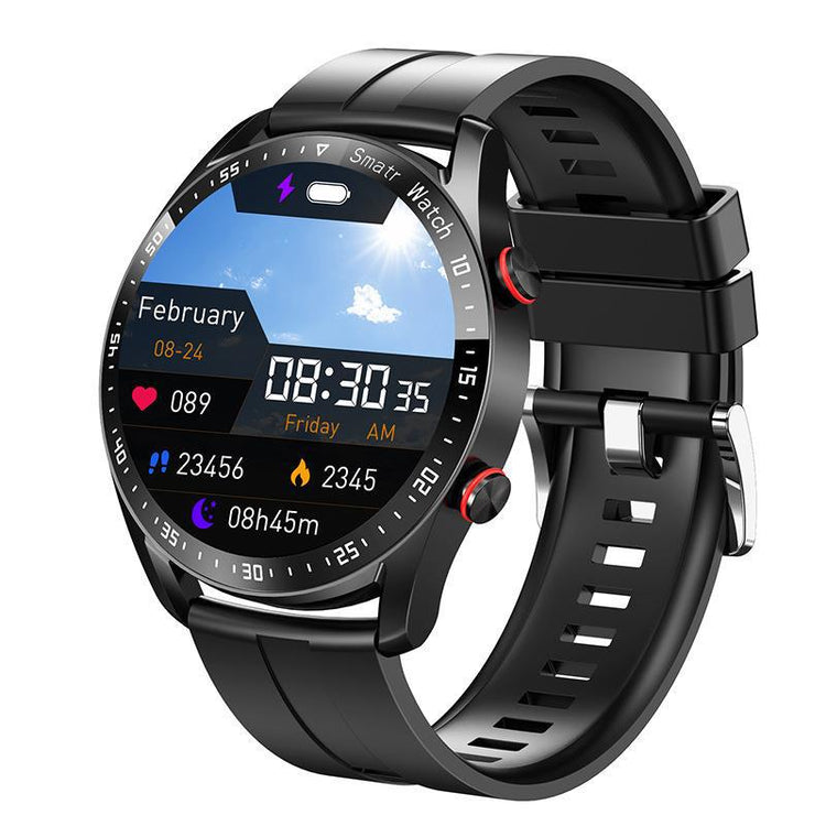 Smart watch with black round display and black silicone strap