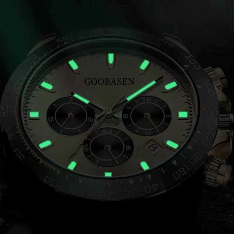 Mechanical-style men’s watch with dark dial and green luminescent hands