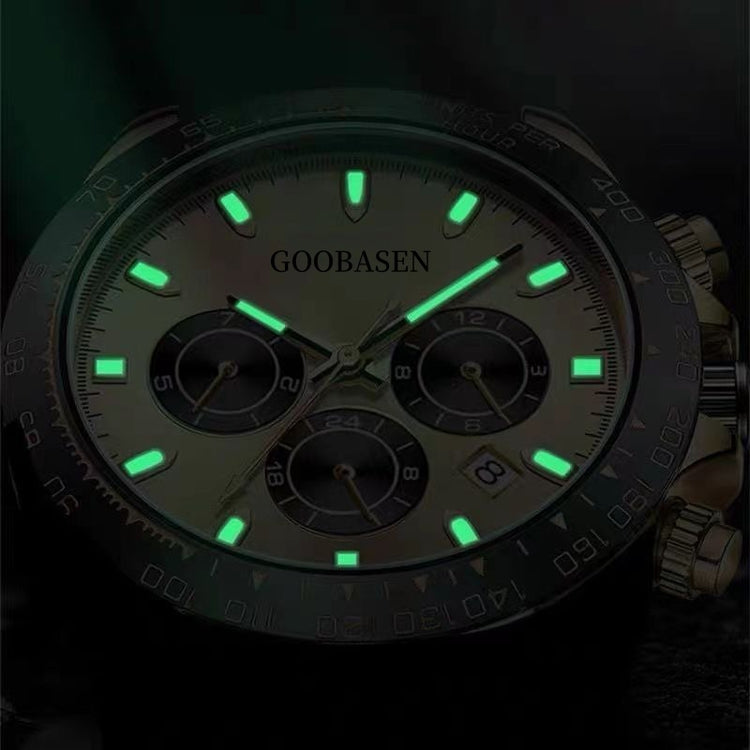 Mechanical-style men’s watch with dark dial and green luminescent hands