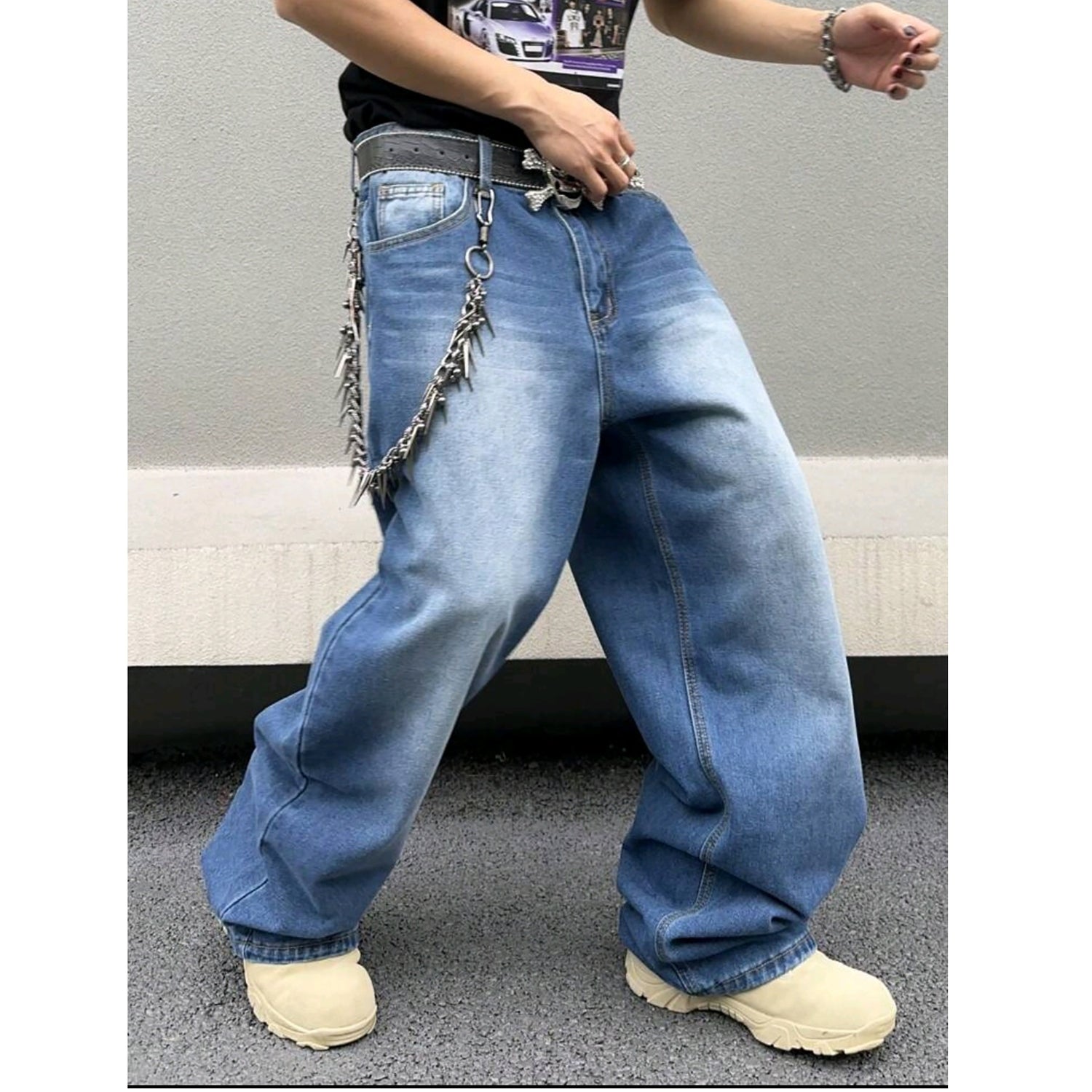 Sky blue straight loose jeans, relaxed fit, chain key charms at waistband