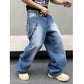 Sky blue straight loose jeans, relaxed fit, chain key charms at waistband