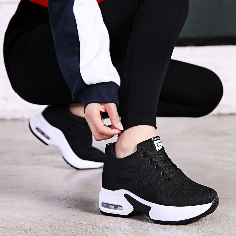 Black knit mesh lace-up sneakers with white platform air-cushion sole