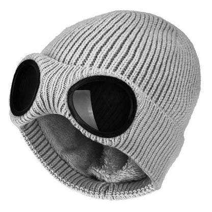 Grey knit beanie with windproof goggle inserts and faux-fur ear covers