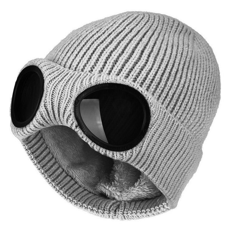 Grey knit beanie with windproof goggle inserts and faux-fur ear covers