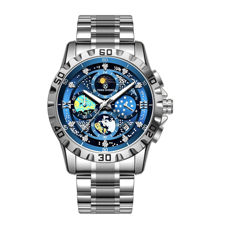 Blue stainless steel wristwatch front view, starry dial with sub dials