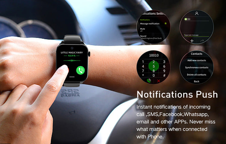 Black smartwatch worn on wrist with notifications-style screen