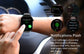 Black smartwatch worn on wrist with notifications-style screen