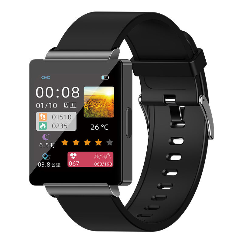 Black smartwatch front view with color display and black silicone band