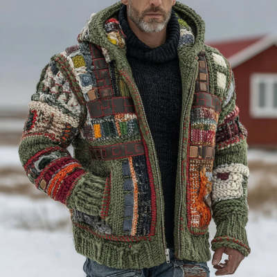 Green hooded zip-up fleece jacket with textured knit patchwork and ribbed cuffs
