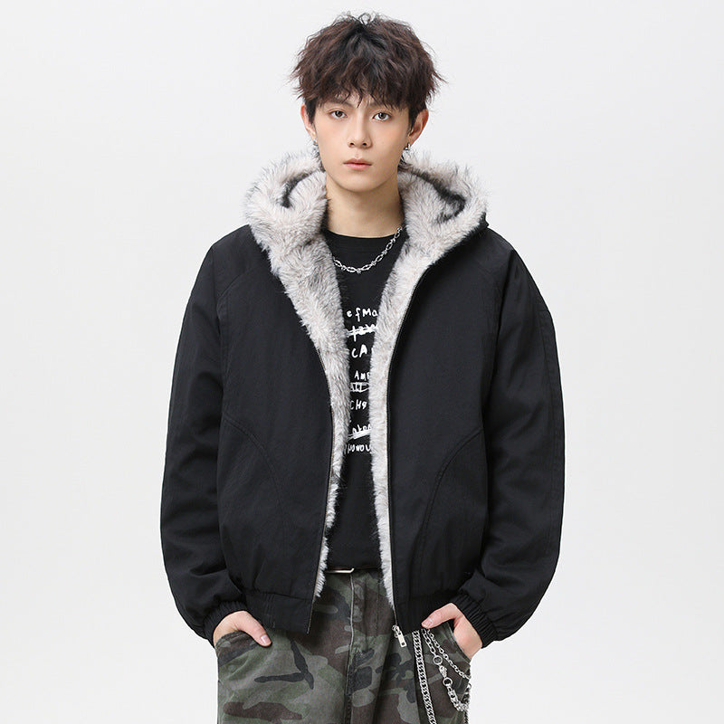 Black hooded cotton padded jacket with fleece lining and faux fur collar trim
