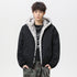 Black hooded cotton padded jacket with fleece lining and faux fur collar trim