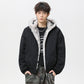 Black hooded cotton padded jacket with fleece lining and faux fur collar trim