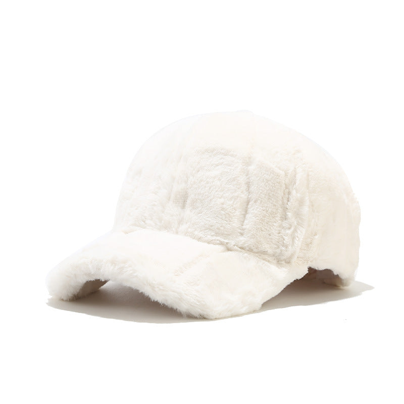 Plush fleece baseball cap with rabbit-fur look, white, curved brim in side profile