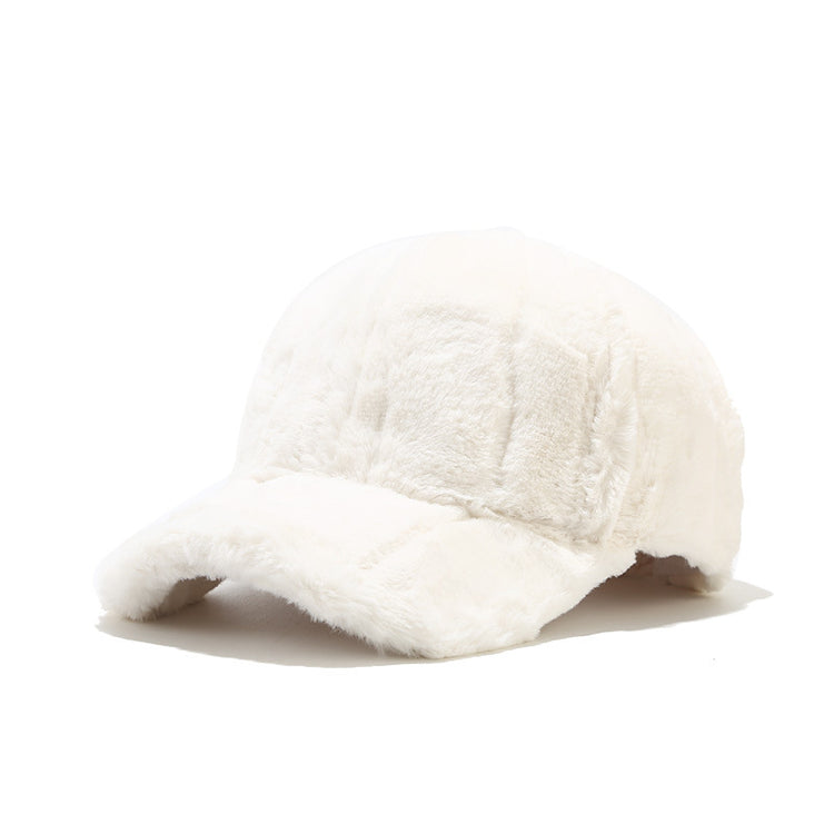Plush fleece baseball cap with rabbit-fur look, white, curved brim in side profile