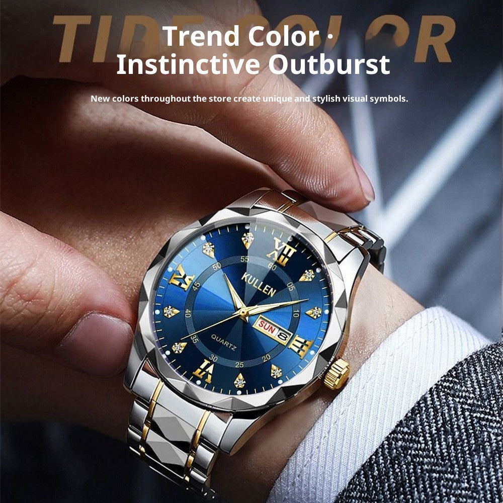 Quartz wristwatch on wrist with blue dial, silver bracelet, and gold detail markers