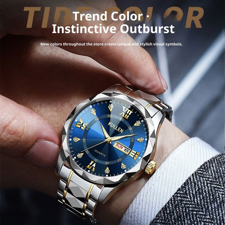 Quartz wristwatch on wrist with blue dial, silver bracelet, and gold detail markers