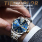 Quartz wristwatch on wrist with blue dial, silver bracelet, and gold detail markers