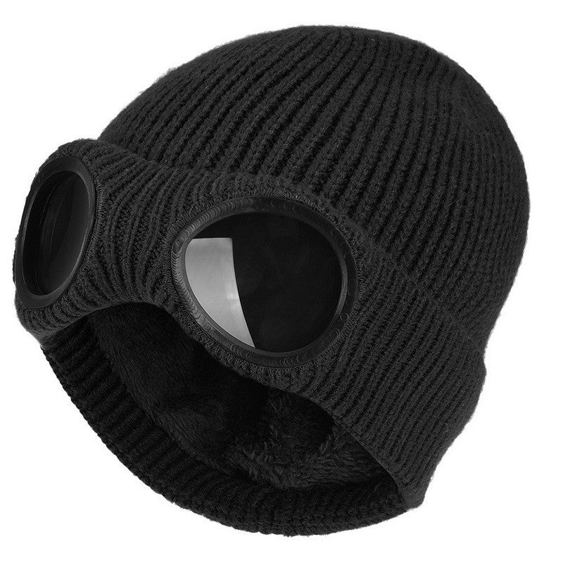 Black knit beanie with windproof goggle inserts and faux-fur ear covers