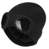 Black knit beanie with windproof goggle inserts and faux-fur ear covers