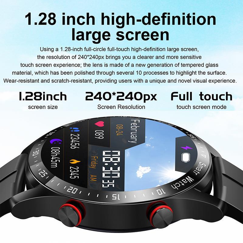 Smart watch with black round touchscreen face and red side buttons, full-touch display
