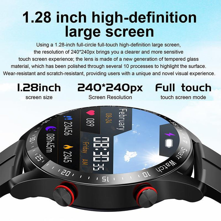 Smart watch with black round touchscreen face and red side buttons, full-touch display