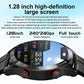 Smart watch with black round touchscreen face and red side buttons, full-touch display