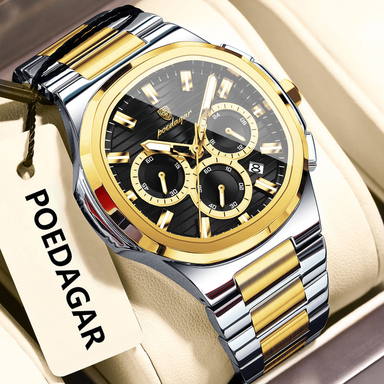 Men’s multifunction luminous watch with gold and black accents, black dial with gold subdials
