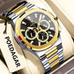 Men’s multifunction luminous watch with gold and black accents, black dial with gold subdials