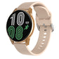 Smartwatch with gold case and tan silicone band, black screen showing activity-style icons.