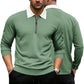Army green waffle-knit zip-up shirt with white lapel collar and quarter zipper