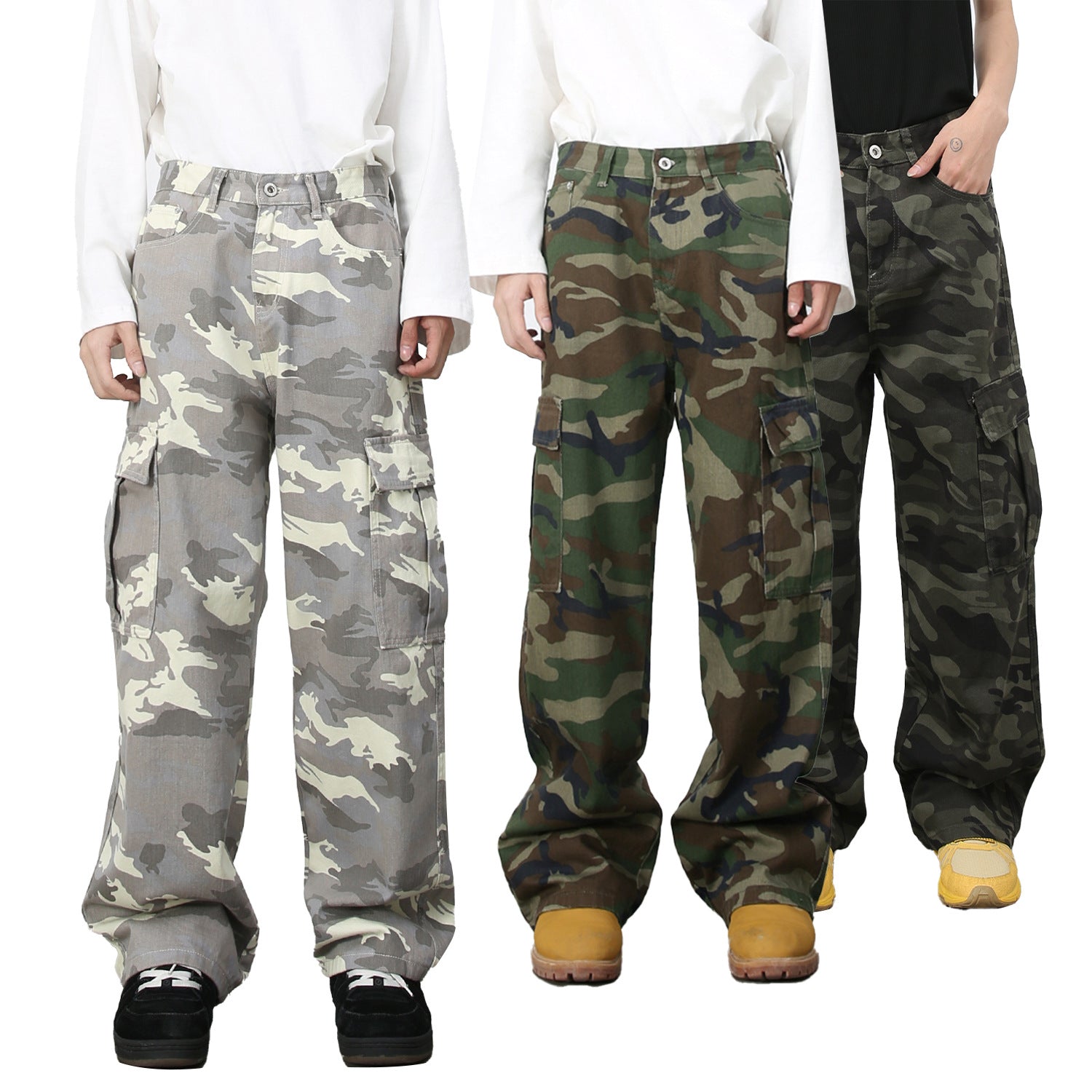Camo cargo denim jeans in three shades with large flap pockets and button waist