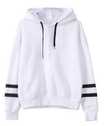 White fleece hoodie with black drawstrings and striped sleeve cuffs