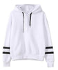 White fleece hoodie with black drawstrings and striped sleeve cuffs