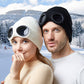 Two knitted beanies with windproof eye shields, white and dark black