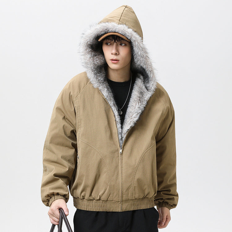 Brown cotton padded jacket with fleece-lined hood and faux fur trim