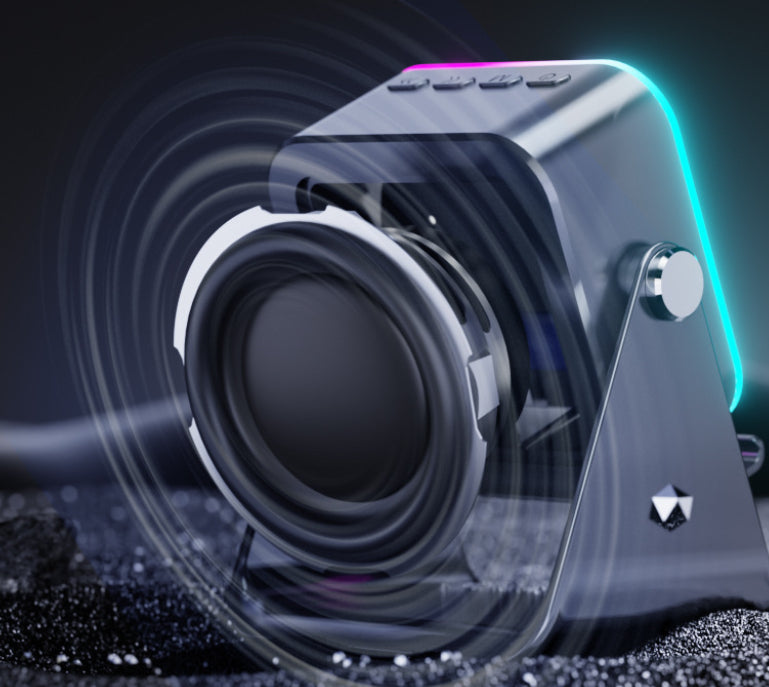 Black phone stand speaker with large circular speaker grille and glowing light ring