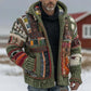 Green hooded zip-up fleece jacket with multicolor patchwork panels and knit striped sleeves