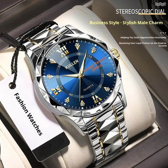 Quartz wristwatch with blue dial, silver metal bracelet, and gold bezel accents