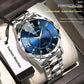 Quartz wristwatch with blue dial, silver metal bracelet, and gold bezel accents