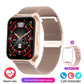 Smartwatch with rose gold face and rose gold mesh strap, square color screen on