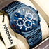 Men’s multifunction luminous watch with blue-toned case and bracelet, blue dial and subdials