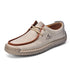 Light beige lace-up casual shoes with brown trim and cream laces, stitched upper.